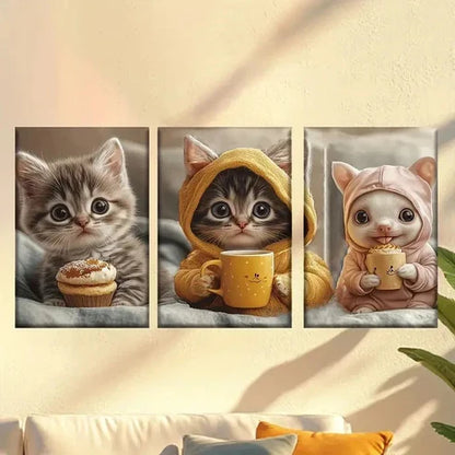 3pcs Cute Modern Style Cake Cat, Coffee Cat Wall Art Canvas Unframed - High Quality Print 100% Australian Made Wall Canvas - Bella Home Decor