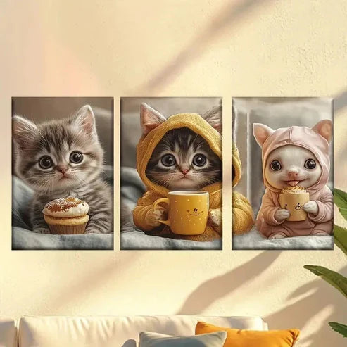 3pcs Cute Modern Style Cake Cat, Coffee Cat Wall Art Canvas Unframed - High Quality Print 100% Australian Made Wall Canvas