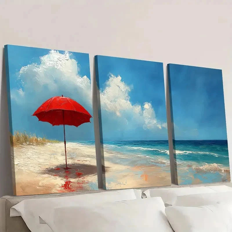 3pcs Beach Umbrella Canvas Art Print R  Wall Art Set Canvas Framed 40x60cm - High Quality Print 100% Australian Made Wall Canvas Ready to Hang - Bella Home Decor