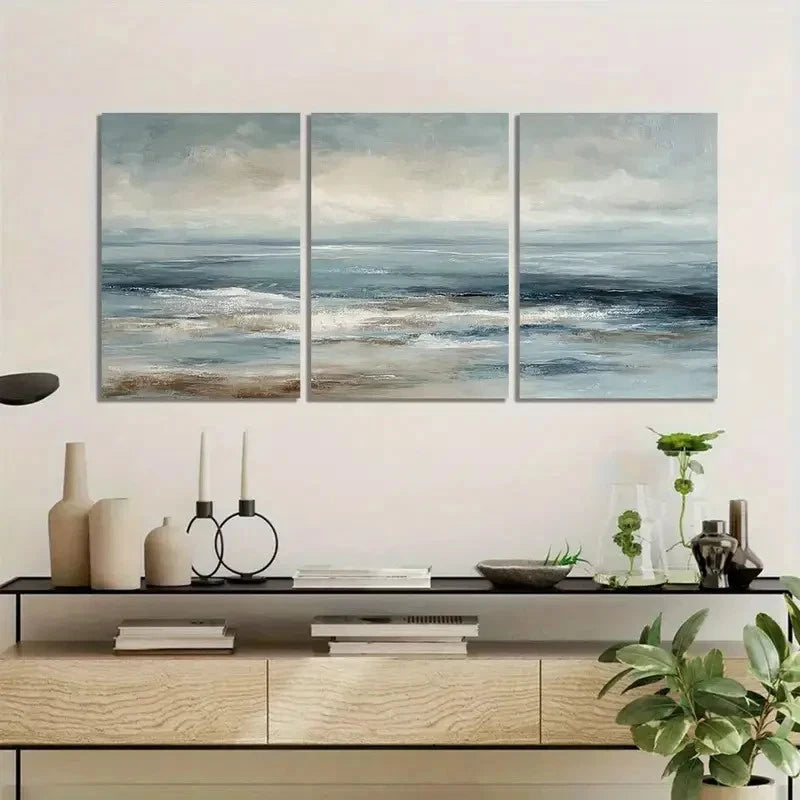 3pcs Muted Ocean Oil Painting Poster Metal Print Ready to Hang Art - Bella Home Decor