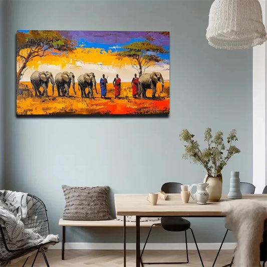 Elephants Traditional Figures Wall Art Canvas Office Home Room Framed 120x60cm