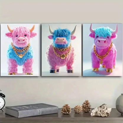 3pcs Pink Highland Cattle Wall Art Set Canvas Unframed - High Quality Print 100% Australian Made Wall Canvas