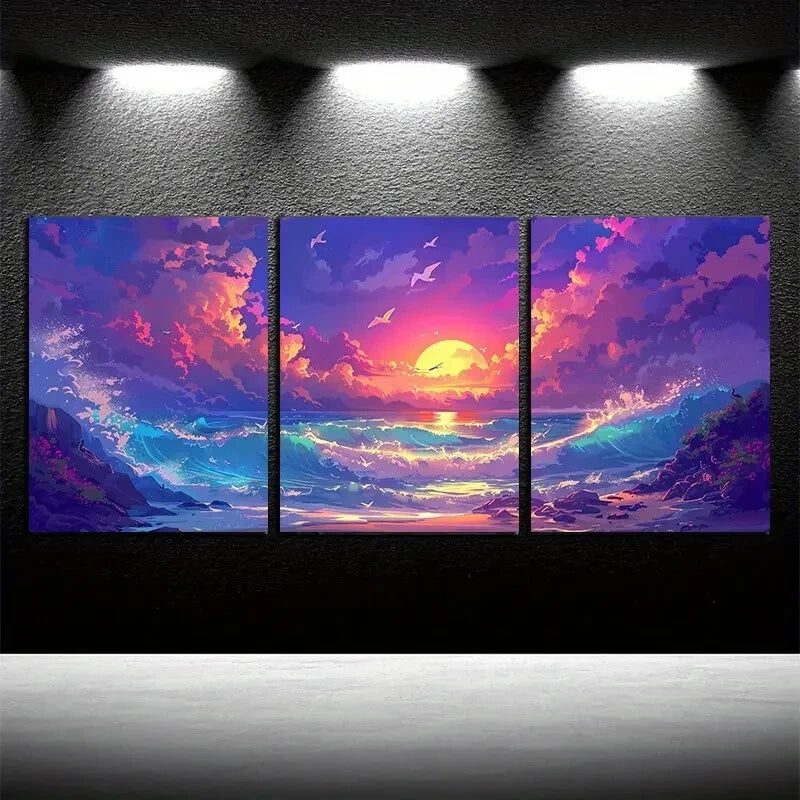 3pcs Vibrant Chic Quiet Beach Illustration Metal Print Ready to Hang Art - Bella Home Decor