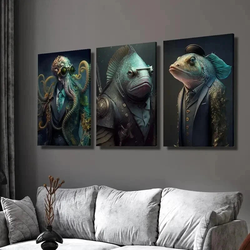 3pcs Steampunk Octopus & Fish Warrior Wall Art Set Canvas Framed 50x70cm - High Quality Print 100% Australian Made Wall Canvas Ready to Hang