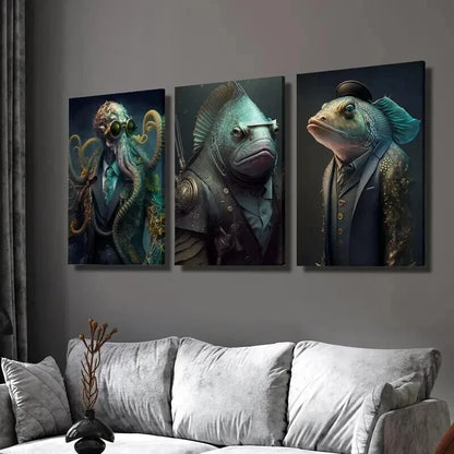 3pcs Steampunk Octopus & Fish Warrior Wall Art Set Canvas Framed 50x70cm - High Quality Print 100% Australian Made Wall Canvas Ready to Hang