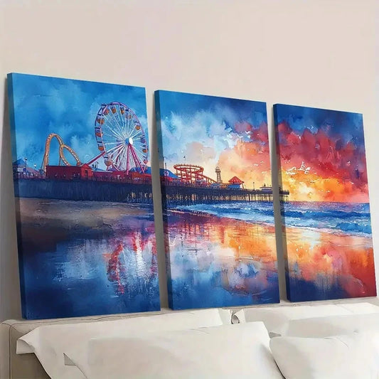 3pcs Vibrant Ferris Wheel & Sunset Beach FR Wall Art Set Canvas Framed 40x60cm - High Quality Print 100% Australian Made Wall Canvas Ready to Hang