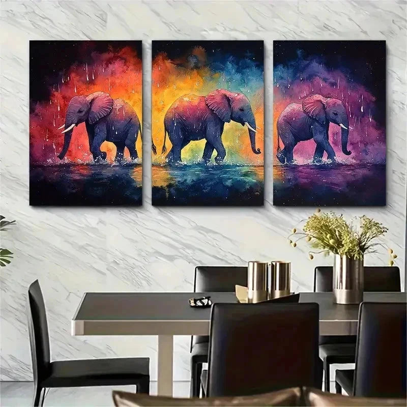 3pcs Vibrant Elephant Watercolor Perfect Wall Art Set Canvas Framed 50x70cm - High Quality Print 100% Australian Made Wall Canvas Ready to Hang