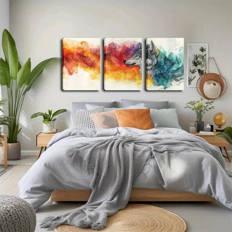 3pcs Wolf & Ink-Splashing Décor Smoke Perfect Wall Art Set Canvas Framed 60x90cm - High Quality Print 100% Australian Made Wall Canvas Ready to Hang - Bella Home Decor