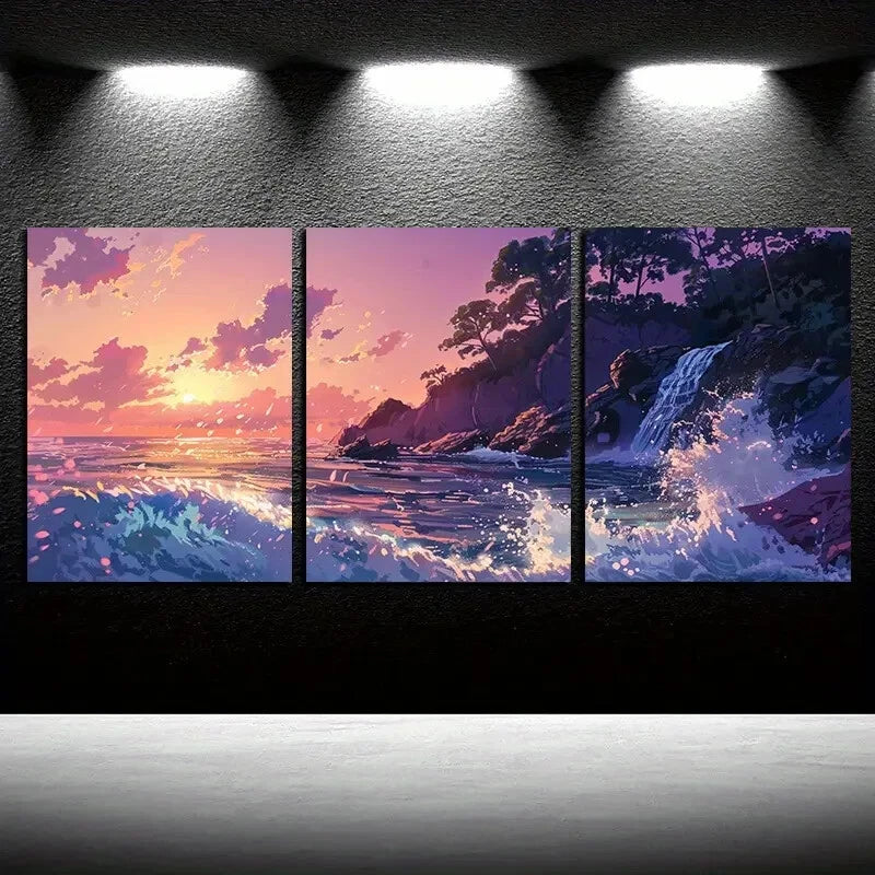 3pcs Ocean Sunset Waves, Seascape Illustration Metal Print Ready to Hang Art - Bella Home Decor