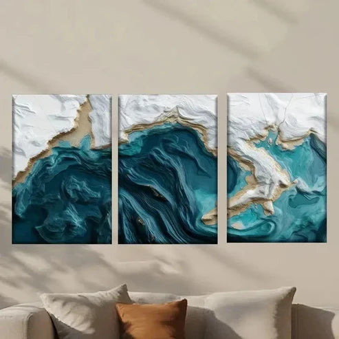 3pcs Blue and White Water Like Painting Wall Art Set Canvas Unframed – High Quality Print 100% Australian Made Wall Canvas - Bella Home Decor
