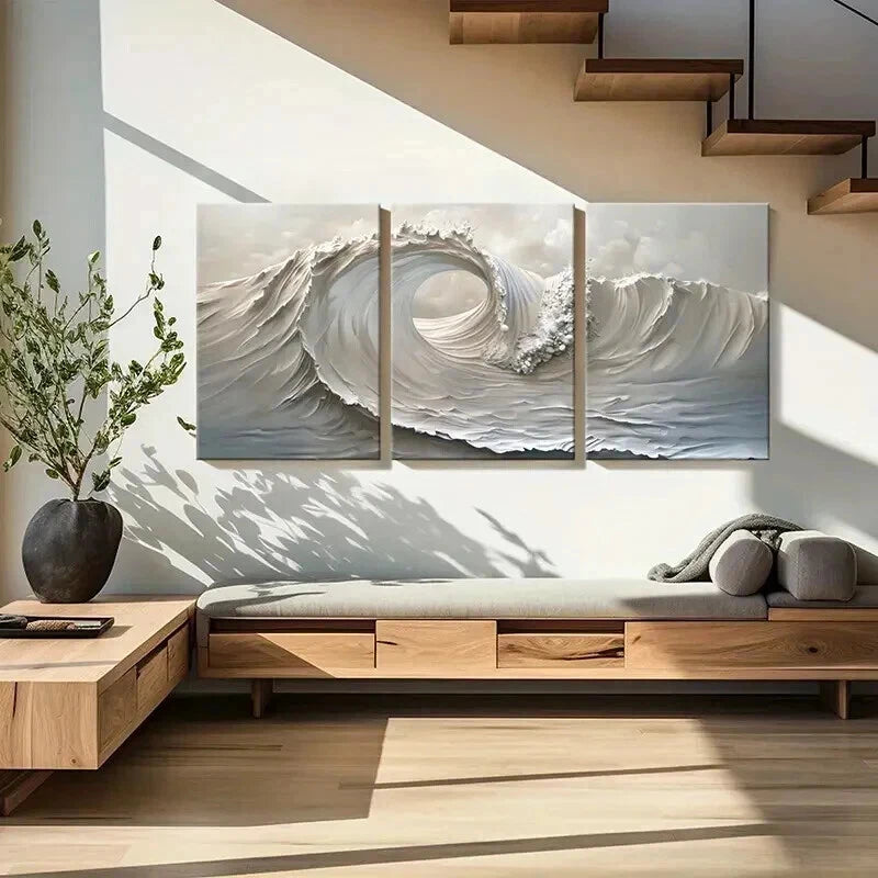 3pcs Abstract Ocean Wave Monochromatic Wall Art Set Canvas Framed 50x70cm - High Quality Print 100% Australian Made Wall Canvas Ready to Hang - Bella Home Decor