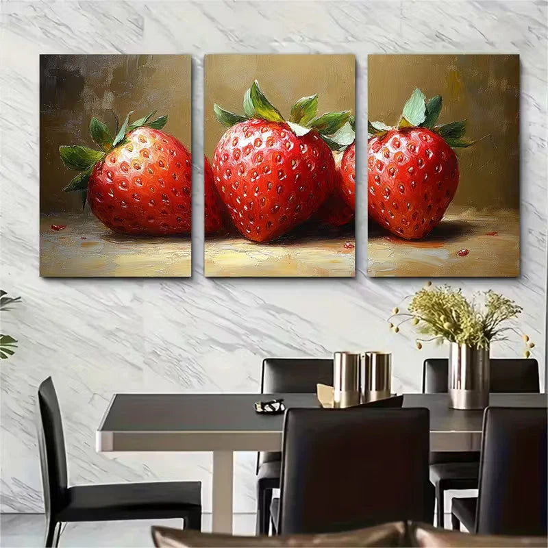 3pcs Strawberry Realistic Food Painting Metal Print Ready to Hang Art