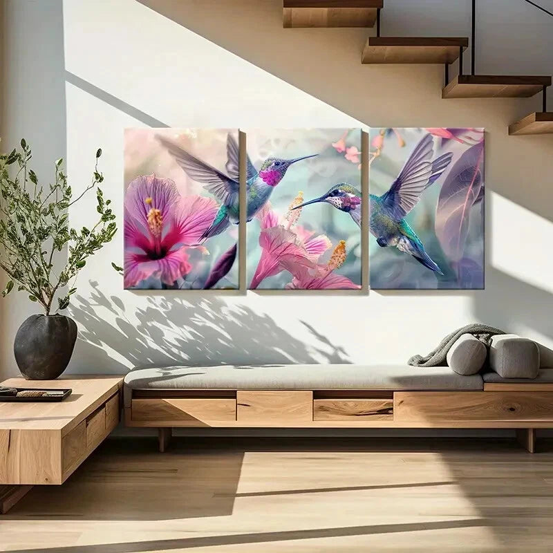 3pcs Vibrant Hummingbirds Exotic Flowers Metal Print Ready to Hang Art - Bella Home Decor