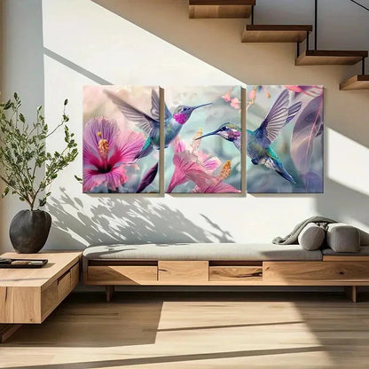 3pcs Vibrant Hummingbirds Exotic Flowers Metal Print Ready to Hang Art - Bella Home Decor