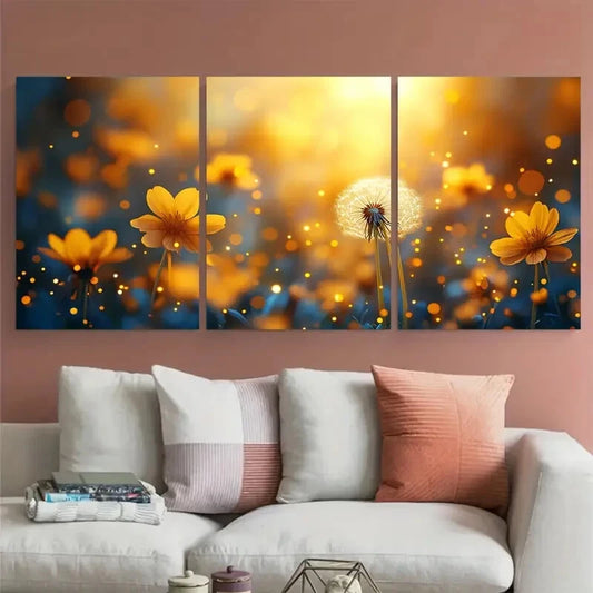 3pcs Ethereal Dandelion Abstract Yellow Spring Metal Print Ready to Hang Art
