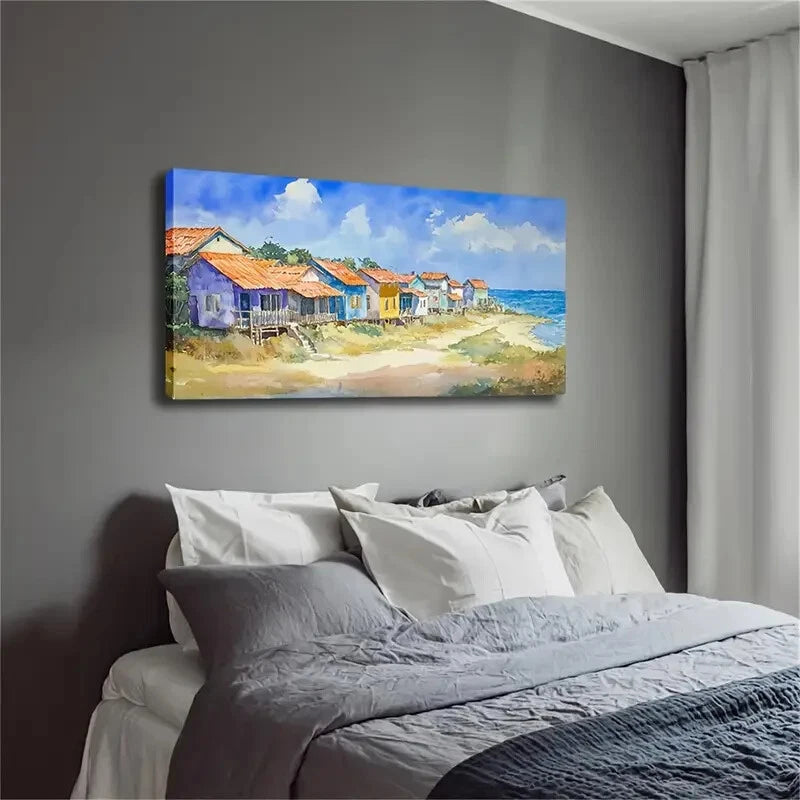 Realistic Wooden Houses Sea Wall Art Canvas Office Home Room Framed 120x60cm - Bella Home Decor