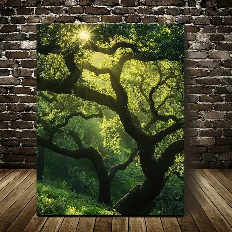 Vibrant Green Leaves & Sunlit Canopy Painting 40x60cm Metal Print Ready to Hang - Bella Home Decor