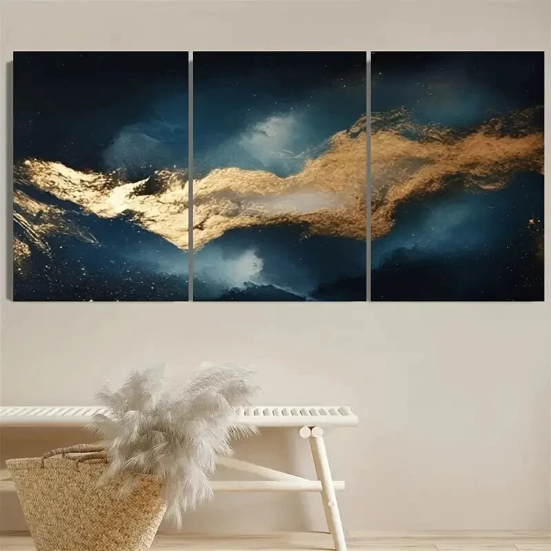 3pcs Celestial Moody Blue and Golden Abstract Metal Print Ready to Hang Art - Bella Home Decor