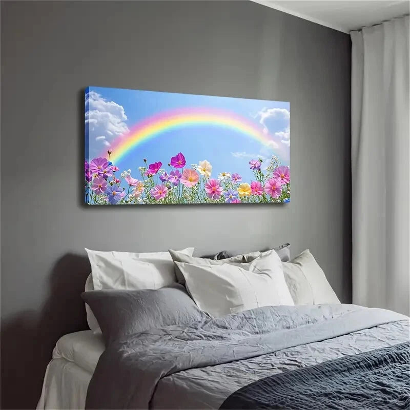 Flowers & Rainbow Bloom Cosmos Wall Art Canvas Office Home Room Framed 120x60cm - Bella Home Decor