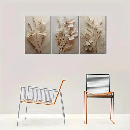 3pcs Beige White Flowers with Stems and Leaves Wall Art Set Canvas Unframed - High Quality Print 100% Australian Made Wall Canvas - Bella Home Decor