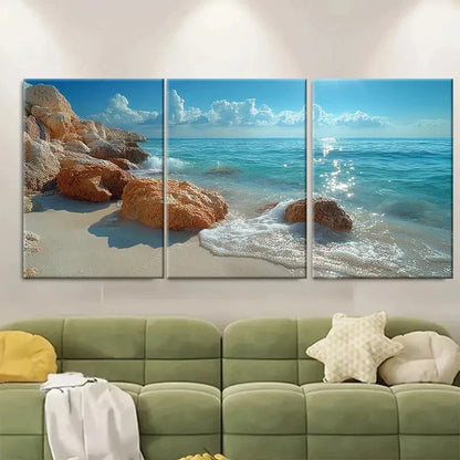 3pcs Sparkling Water Over Rocks on Sandy CZ   Wall Art Set Canvas Framed 40x60cm - High Quality Print 100% Australian Made Wall Canvas Ready to Hang