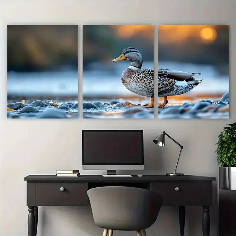 3pcs Wild Grey Duck Standing On The Seashore Metal Print Ready to Hang Art - Bella Home Decor