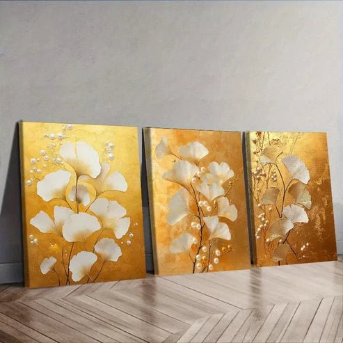 3pcs Ginkgo Leaves And Pearls Nature Wall Art Canvas Unframed - High Quality Print 100% Australian Made Wall Canvas - Bella Home Decor