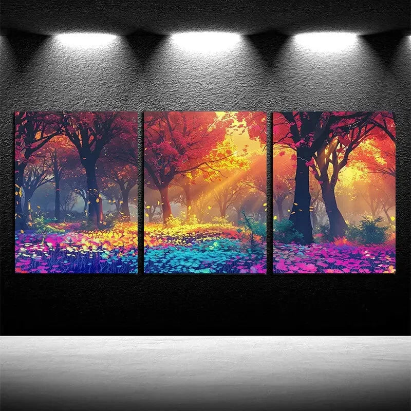 3pcs Vibrant Enchanted Forest Sunlight Scenery Metal Print Ready to Hang Art - Bella Home Decor