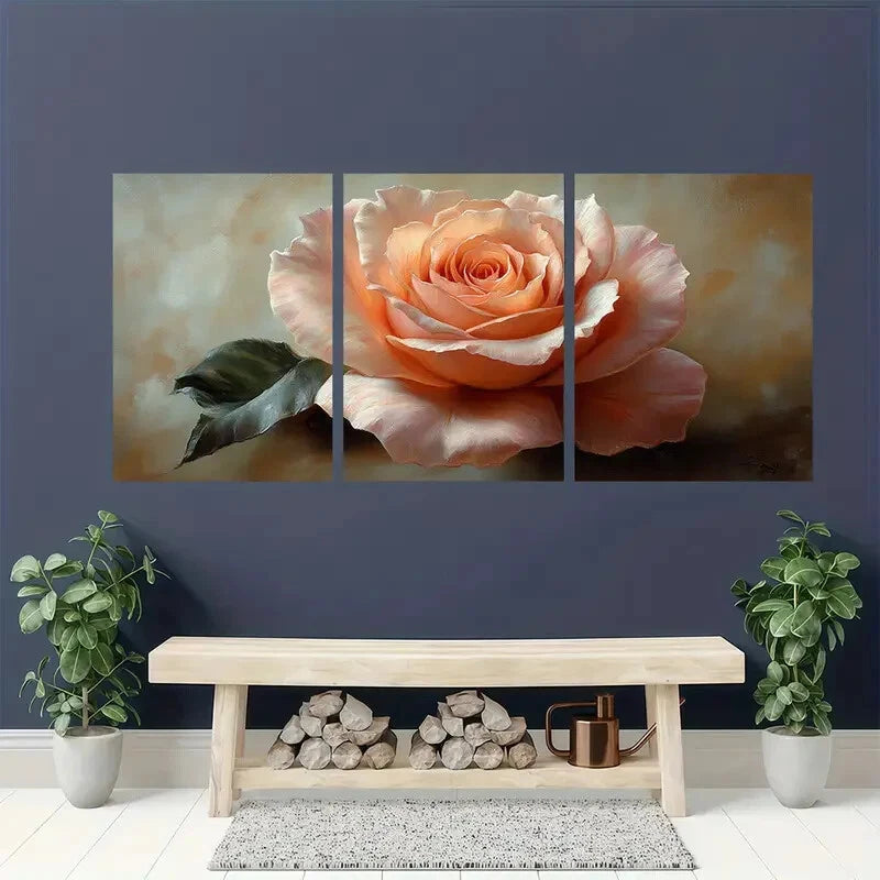 3pcs Peach Rose Flower Art Rose Painting Print Metal Print Ready to Hang Art - Bella Home Decor