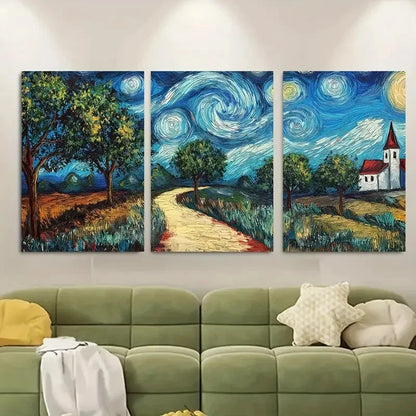 3pcs Vibrant Blue Sky & Golden Pathway Metal Print Ready to Hang Art