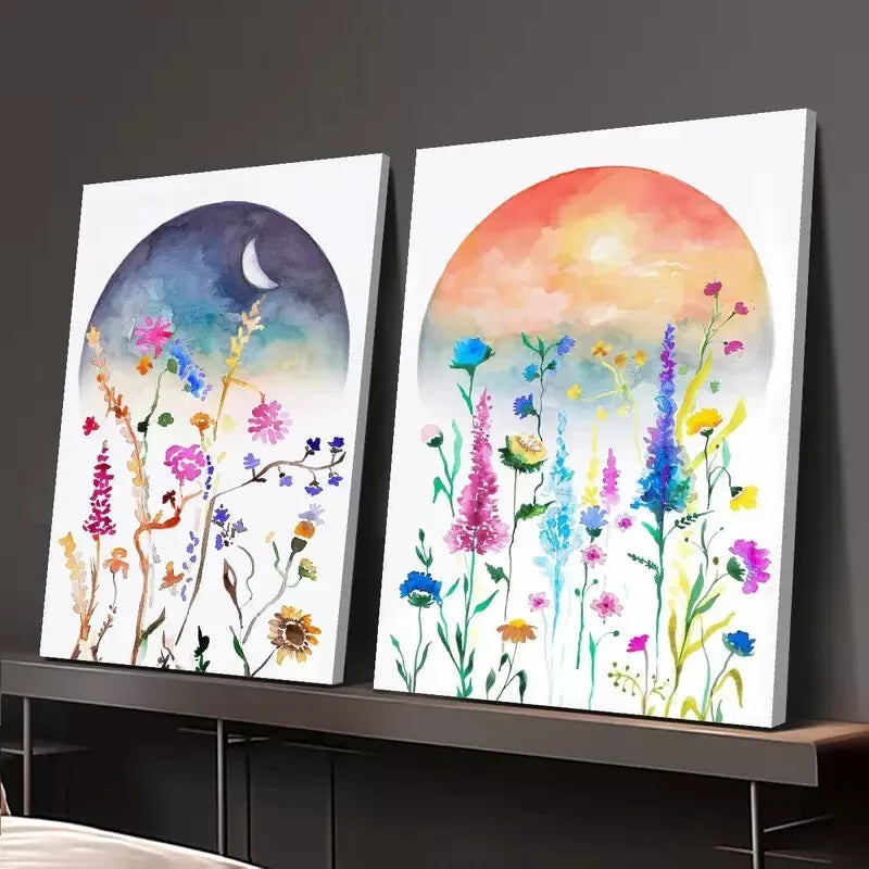 2pcs Boho Color Art, Celestial Watercolor Wildflower Art Canvas Framed 50x75cm - High Quality Print 100% Australian Made Wall Canvas Ready to Hang - Bella Home Decor