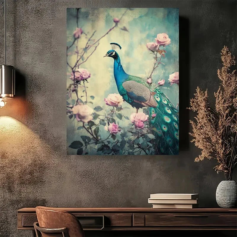 Beautiful Peacock Garden Modern Vintage Painting 40x60cm Metal Print Ready to Hang - Bella Home Decor