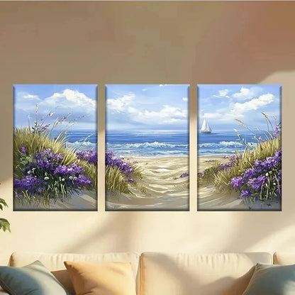 3pcs Painting of a Beach Scene Sail And Flowers Wall Art Set Canvas Framed 50x70cm - High Quality Print 100% Australian Made Wall Canvas Ready to Hang
