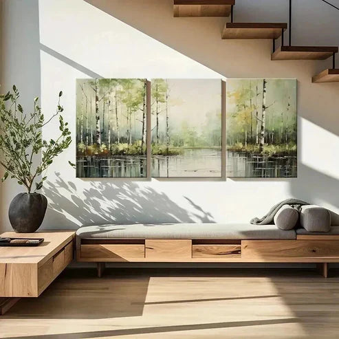 3pcs Forest Reflection Serene Lake Birch Trees Wall Art Canvas Unframed - High Quality Print 100% Australian Made Wall Canvas - Bella Home Decor