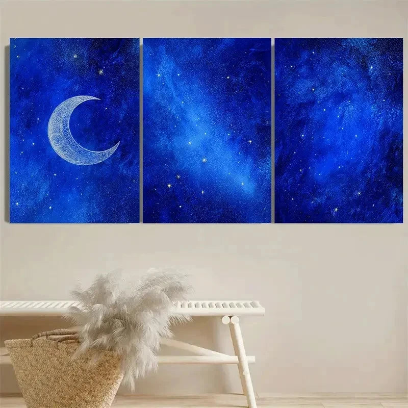 3pcs Crescent Moon and Starry Night Wall Art Set Canvas Framed 60x90cm - High Quality Print 100% Australian Made Wall Canvas Ready to Hang - Bella Home Decor