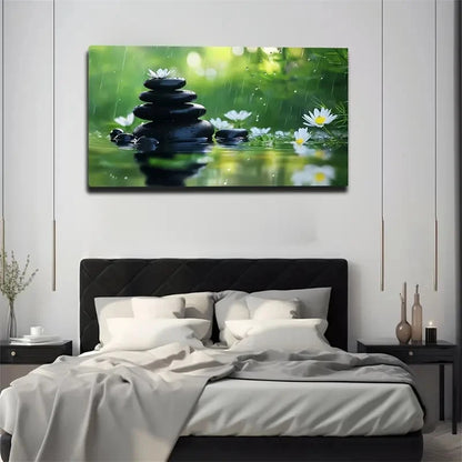 Black Stones Stacked Rain Wall Art Canvas Office Home Room Framed 120x60cm