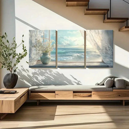 3pcs Scenic Sea View from Open Window Metal Print Ready to Hang Art - Bella Home Decor