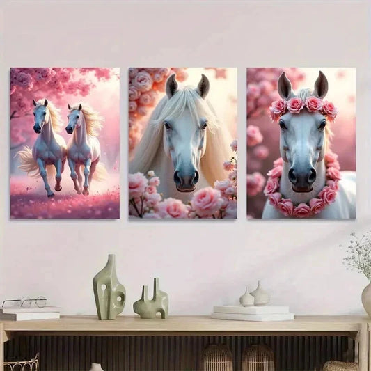 3pcs Horse Pink Floral Background Beautiful Wall Art Set Canvas Framed 40x60cm - High Quality Print 100% Australian Made Wall Canvas Ready to Hang