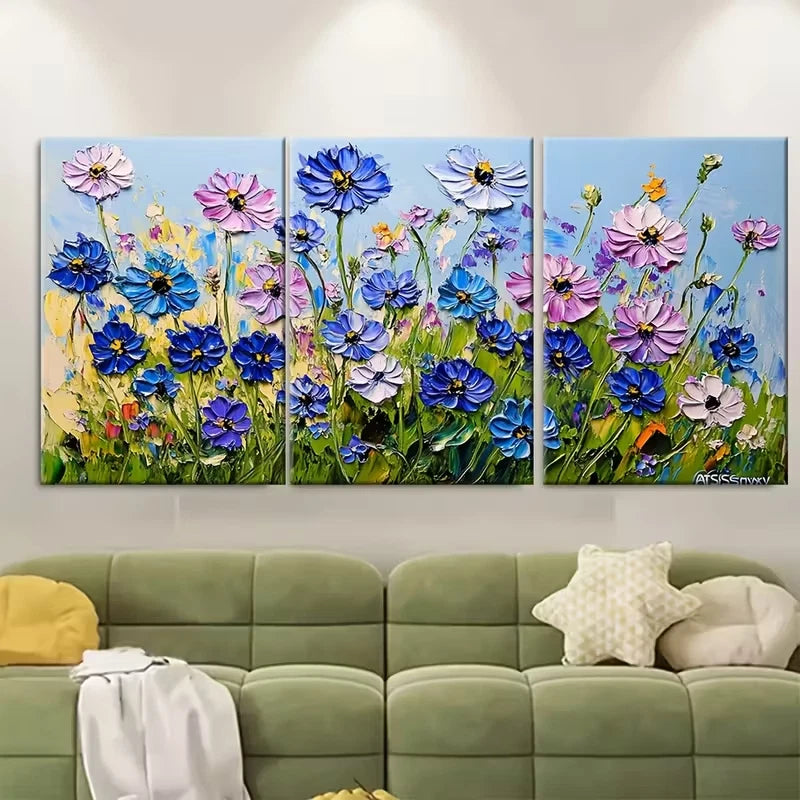 3pcs Cornflowers Impasto Flowers Textured Metal Print Ready to Hang Art - Bella Home Decor