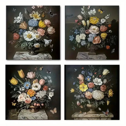 4pcs Flowers With Butterflies Wall Art Canvas Framed