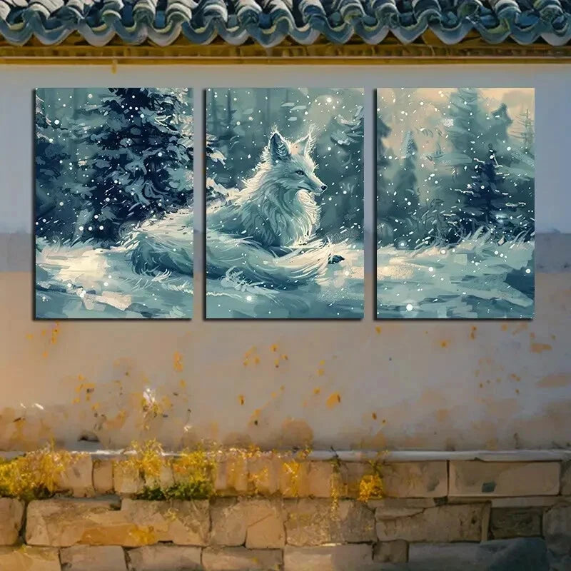 3pcs White Fox Snowy Forest Scene, Modern Wildlife Metal Print Ready to Hang Art - Bella Home Decor