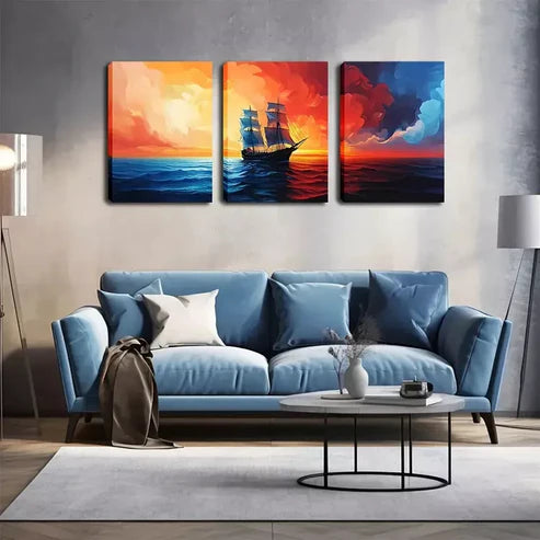 3pcs A Sailboat Sailing On The Sea Wall Art Canvas Unframed - High Quality Print 100% Australian Made Wall Canvas