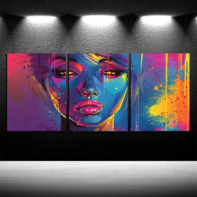 3pcs Vibrant Splash Paint Woman Portrait Metal Print Ready to Hang Art - Bella Home Decor