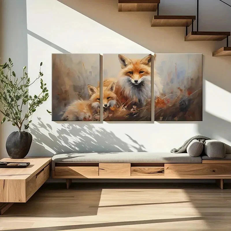 3pcs Foxes Abstract Animal Art Warm Colors Metal Print Ready to Hang Art - Bella Home Decor