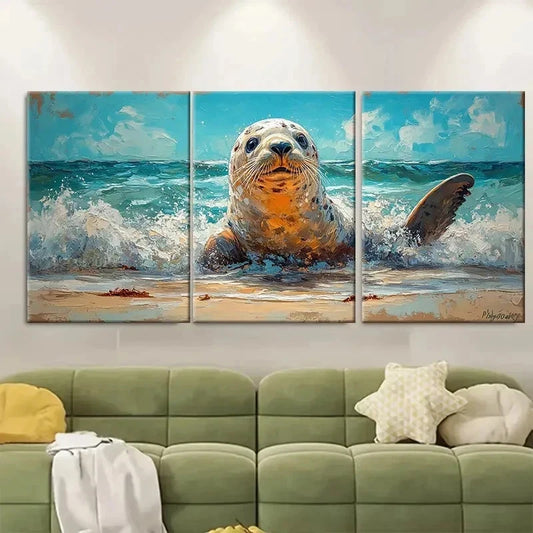 3pcs Vibrant Seal Beach Marine Animals ER Wall Art Set Canvas Framed 50x70cm - High Quality Print 100% Australian Made Wall Canvas Ready to Hang