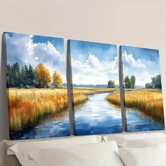 3pcs River Landscape Countryside R Wall Art Set Canvas Framed 50x70cm - High Quality Print 100% Australian Made Wall Canvas Ready to Hang
