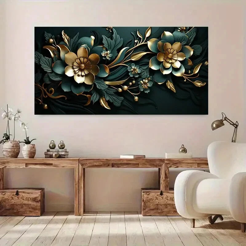 Modern Green with Flowers wall canvas office home room framed 120x60cm - Bella Home Decor