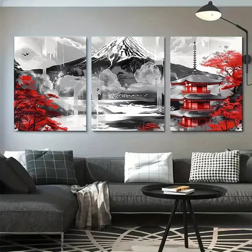 3pcs Mount Fuji and Red Temple Japanese Wall Art Canvas Unframed - High Quality Print 100% Australian Made Wall Canvas