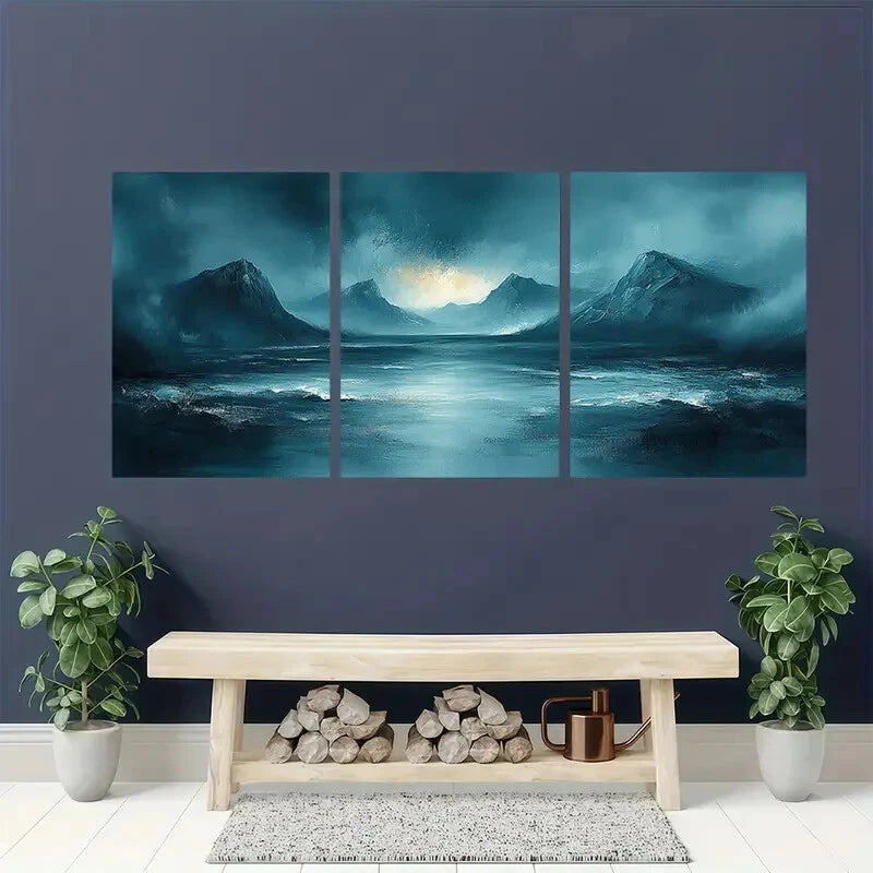 3pcs Teal Gray Abstract Landscape Minimalist Metal Print Ready to Hang Art - Bella Home Decor