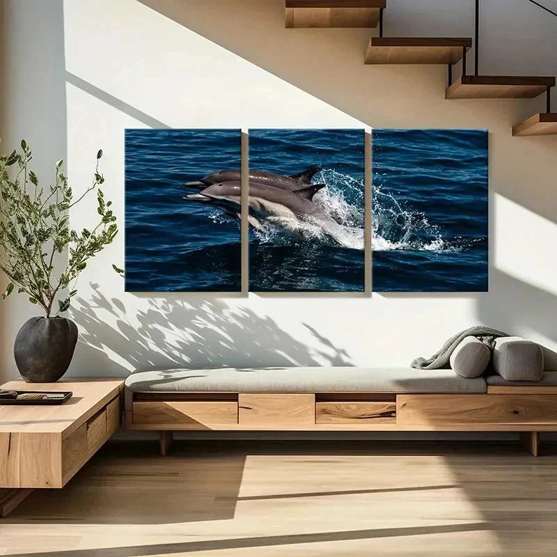 3pcs Dolphins Jumping Out Of The Sea Marine Life Wall Art Set Canvas Framed 40x60cm - High Quality Print 100% Australian Made Wall Canvas Ready to Hang - Bella Home Decor